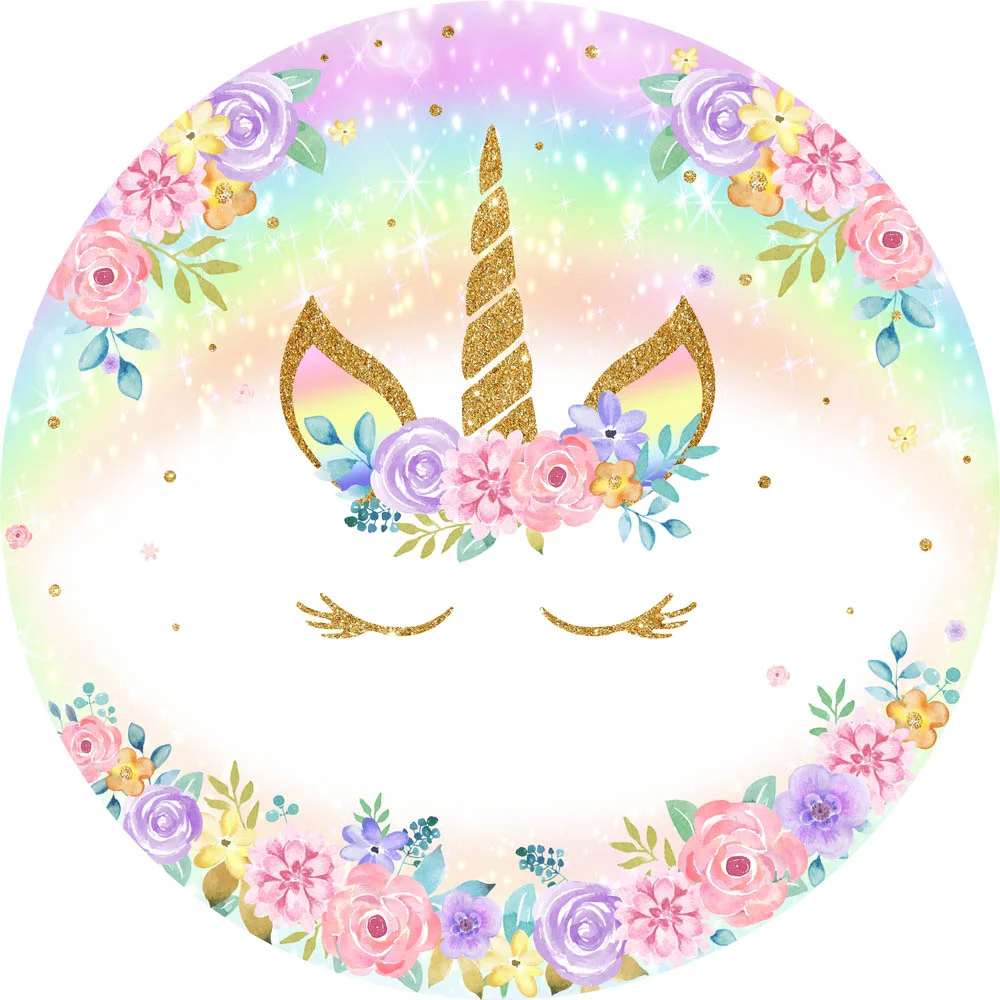 Flowers And Golden Unicorn Party Round Cover RedBirdParty