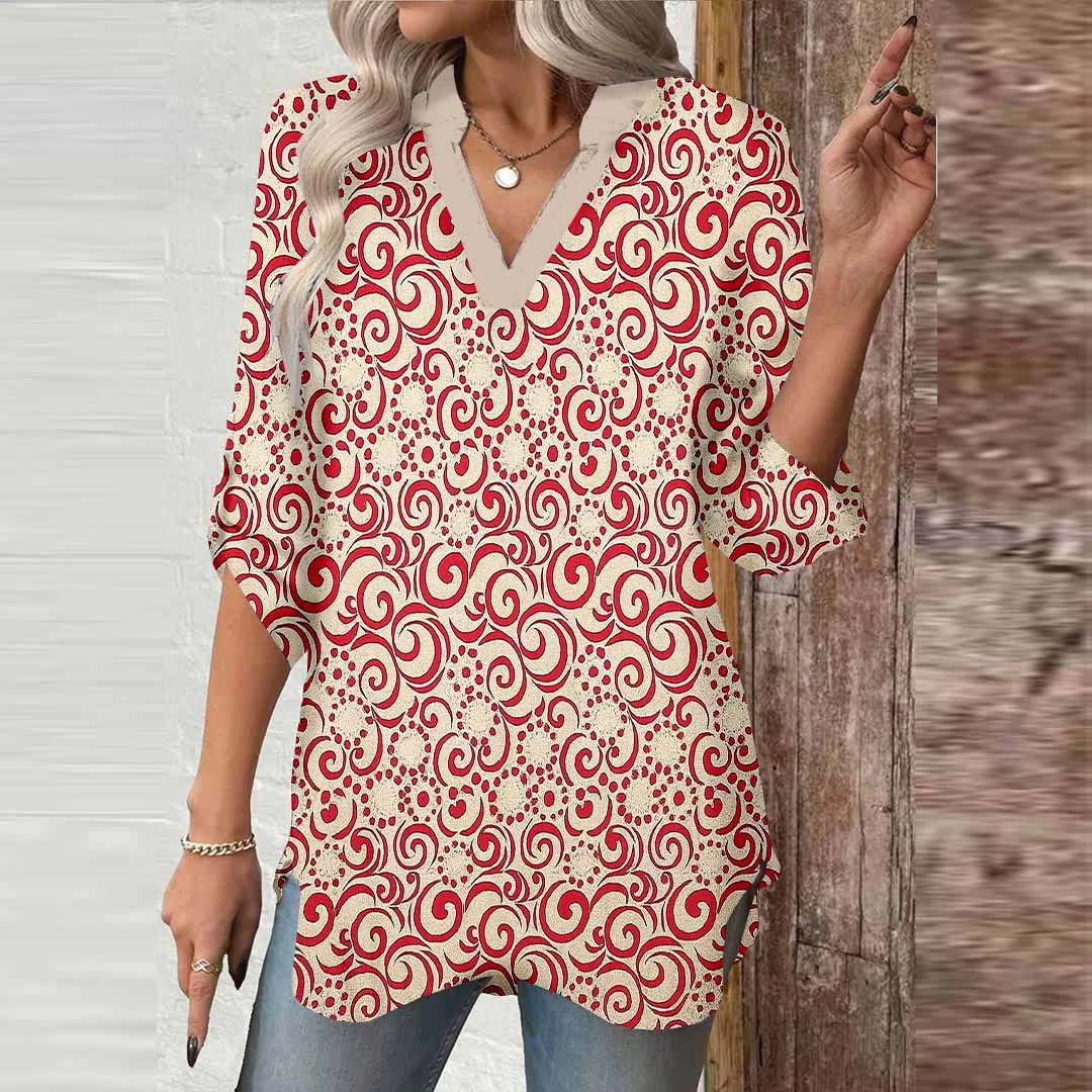 Women Ethnic, Red, Floral DZGA0496 3/4 Sleeve V-neck Printed Graphic Button Tops