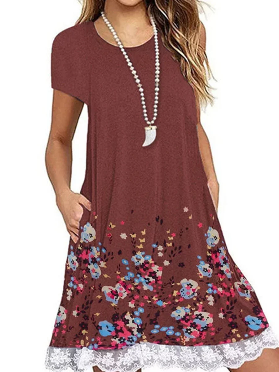 Lace Panel Round Neck Short Sleeve Print Dress