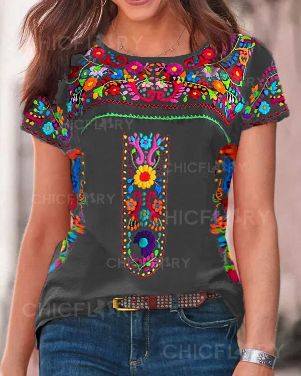 Bohemian Crew Neck Short Sleeve Top