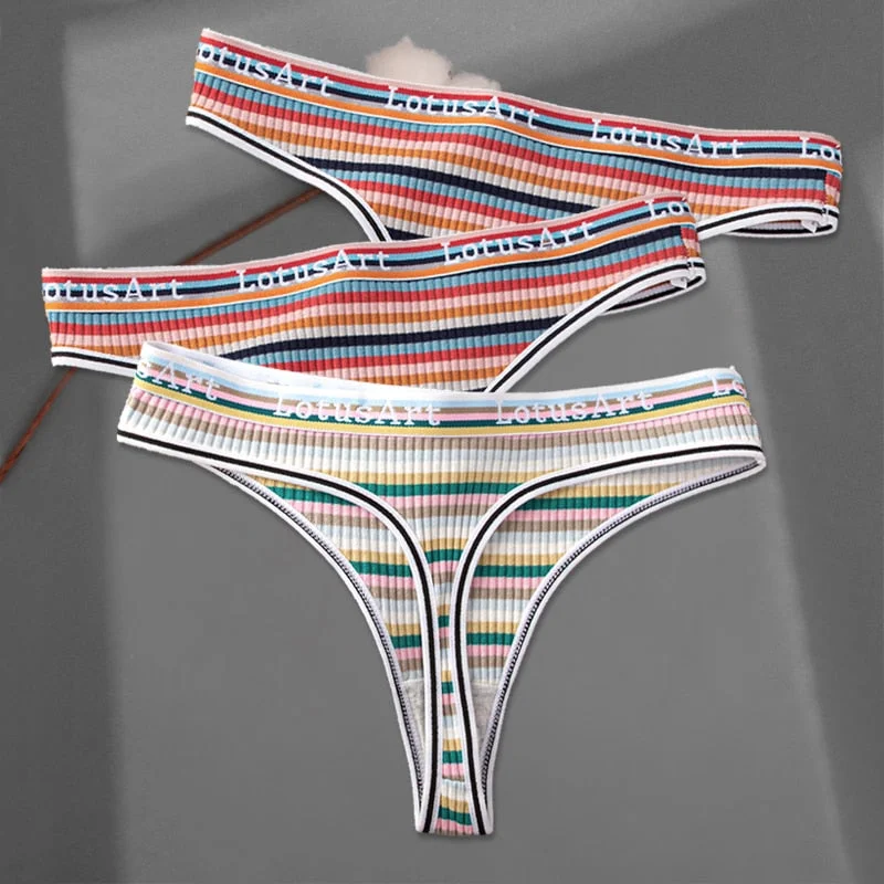 FINETOO 3Pcs/set Women Rainbow Thongs M-XL Cotton Panties Comfortable Striped T-Back Underwear Ladies Soft G-string Lingerie New