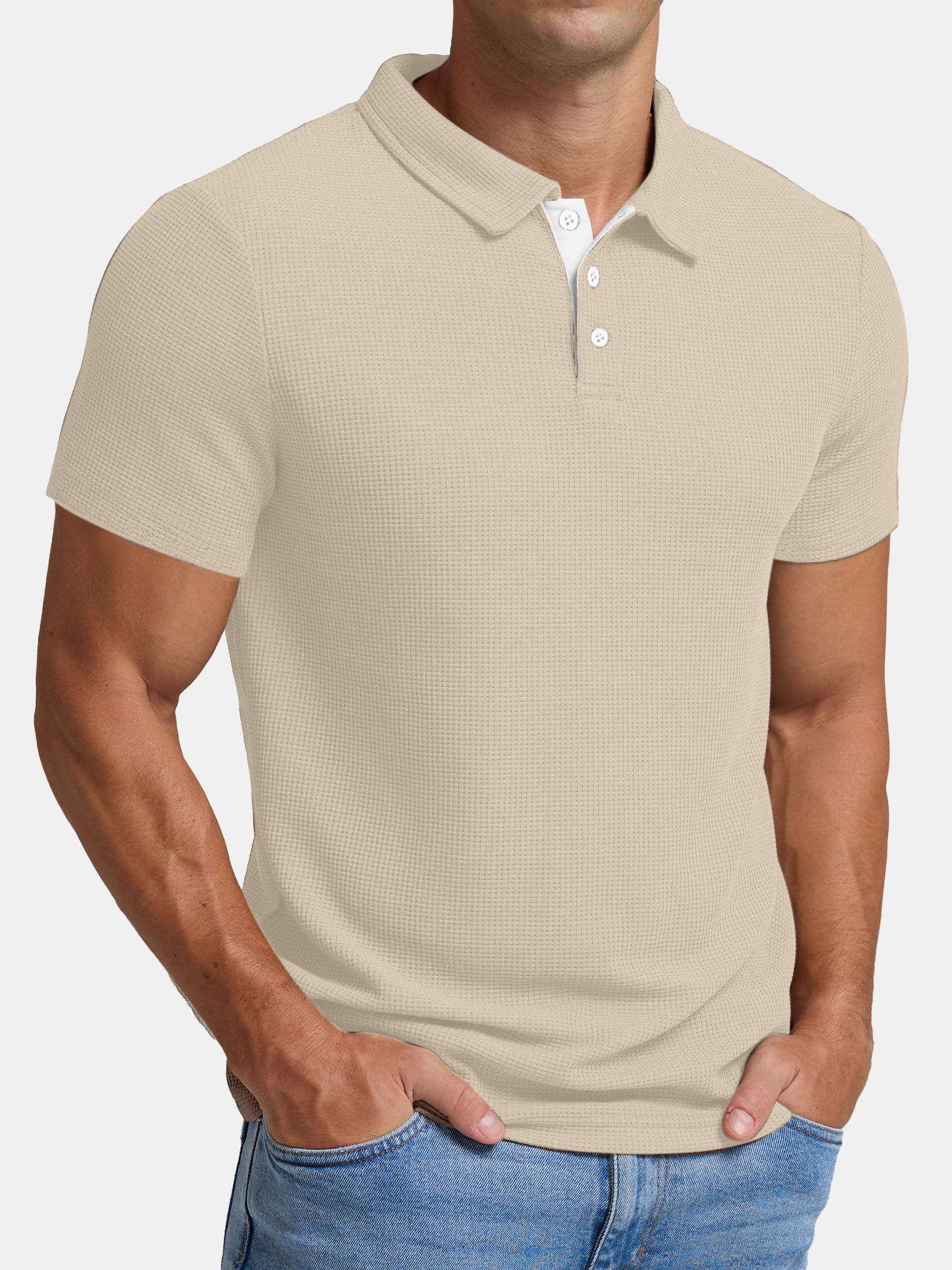 Men's Casual Waffle Contrast Lapel Short Sleeve Polo Shirt