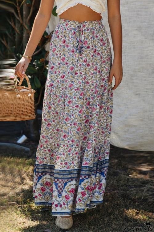 Boho Floral Print Elastic High Waist Pleated A Line Maxi Skirt