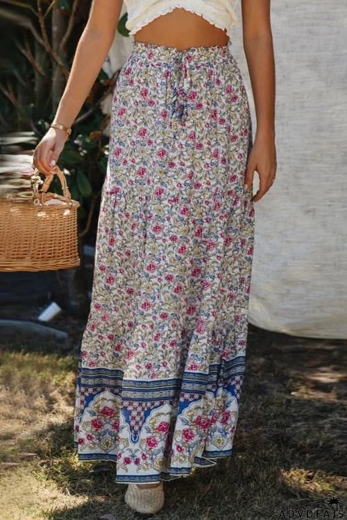 Boho Floral Print Elastic High Waist Pleated A Line Maxi Skirt