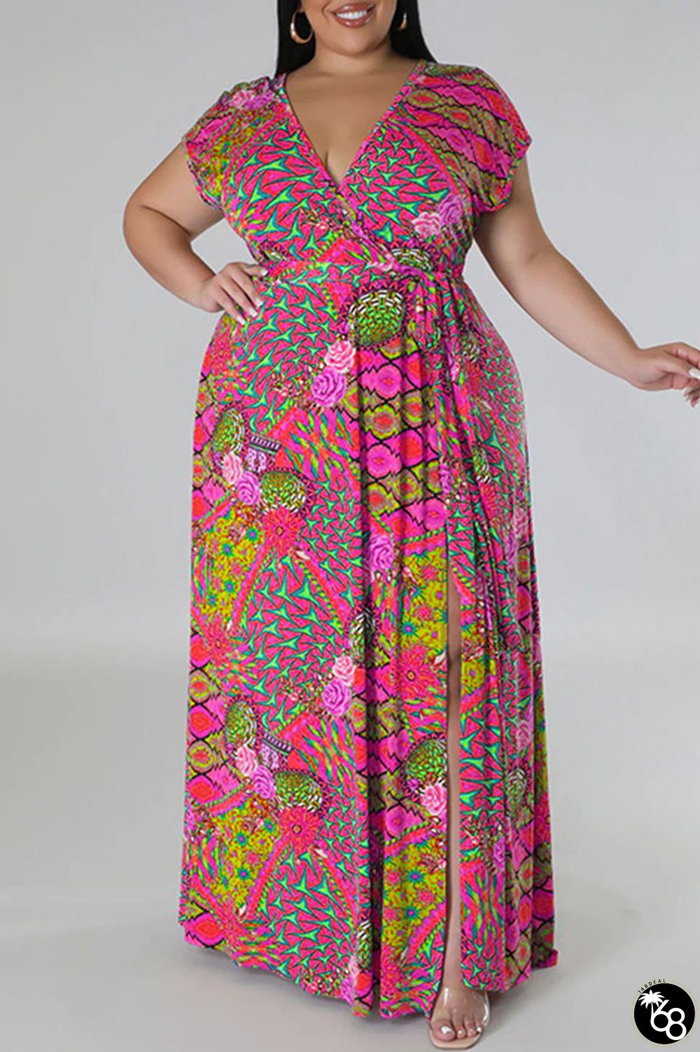 Rose Purple Sweet Print Bandage Patchwork V Neck Straight Plus Size Dresses | 168DEAL