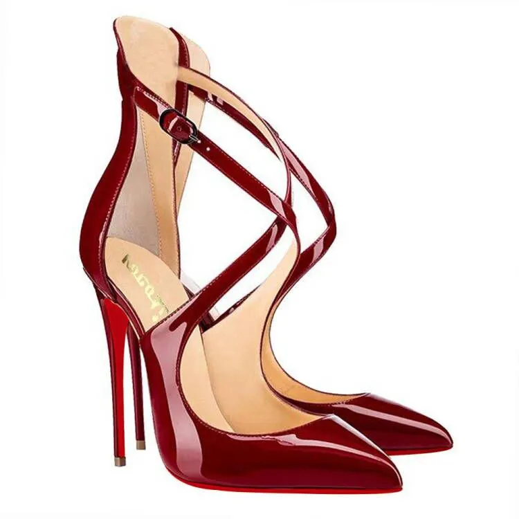 120mm Women's Pointed toe Cross Strap Sexy Cut High Heels Pumps For Party Burgundy-vocosishoes