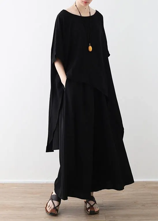Chic black clothes 2019 Fabrics tops and wide leg pants asymmetric Plus Size Clothing Summer two pieces