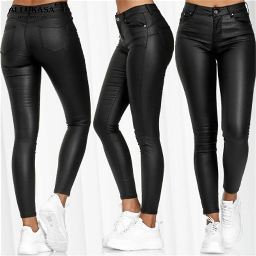 Leather Casual Pants Small Feet Pants Women Warm Trousers Sexy Tight-Fitting Ladies Stretch High-Waist Pants Fashion Pure Color