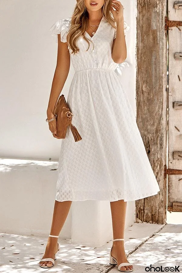 Sweet Elegant Solid V Neck A Line Short Sleeve Dress