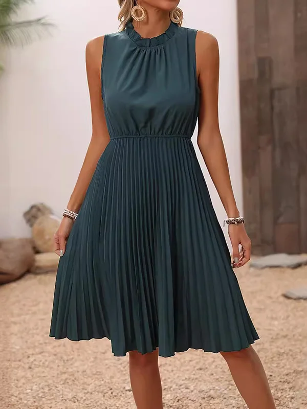 Loose Sleeveless Pleated Solid Color Split-Joint Mock Neck Midi Dresses