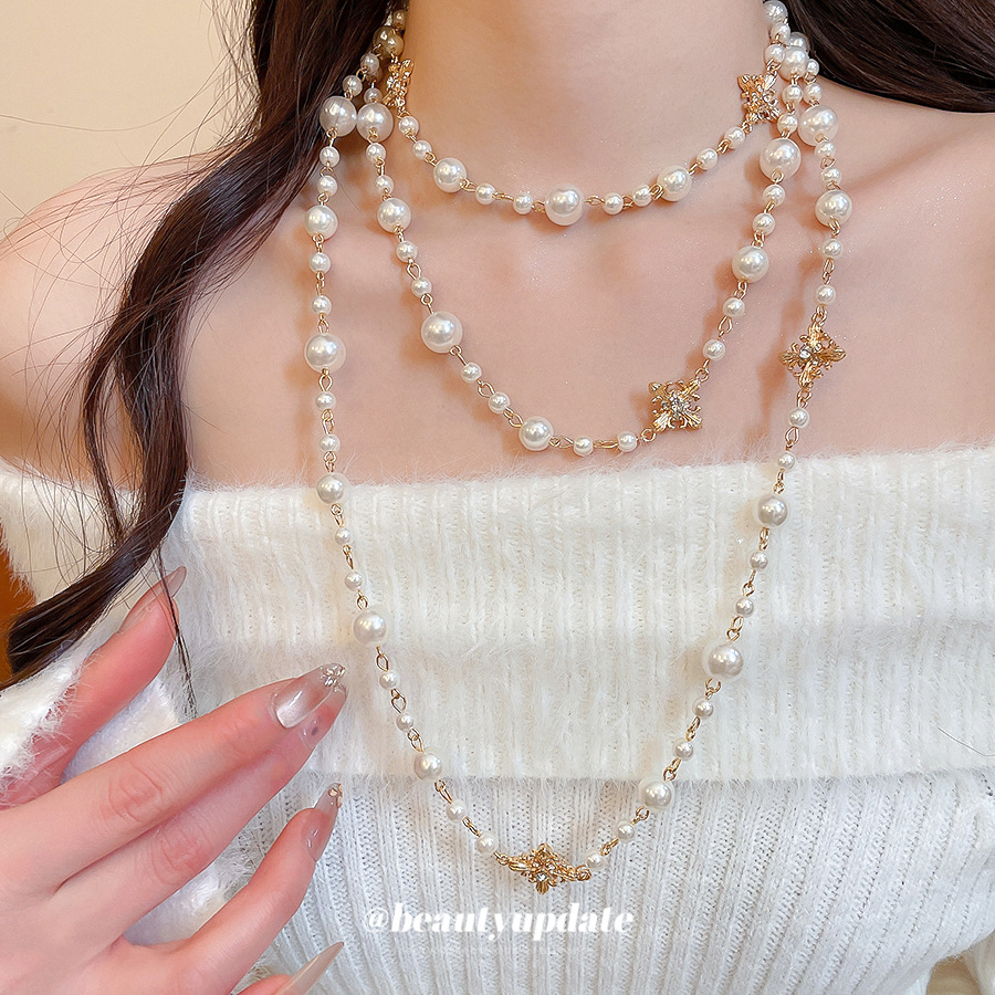 French-style diamond-encrusted cross pearl necklace vintage and elegant versatile sweater chain light luxury high-end necklace for women