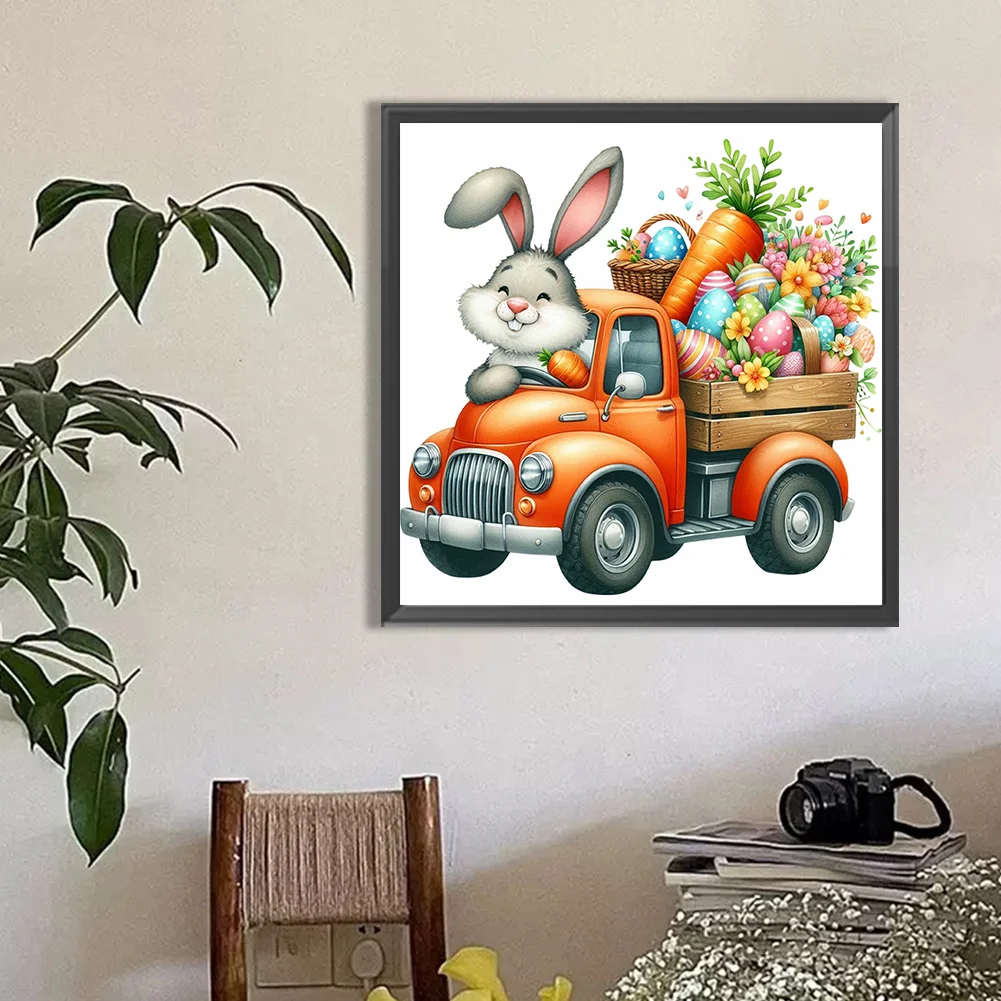 Diamond Painting - Full Round Drill - Easter Bunny Car(Canvas|40*40cm)
