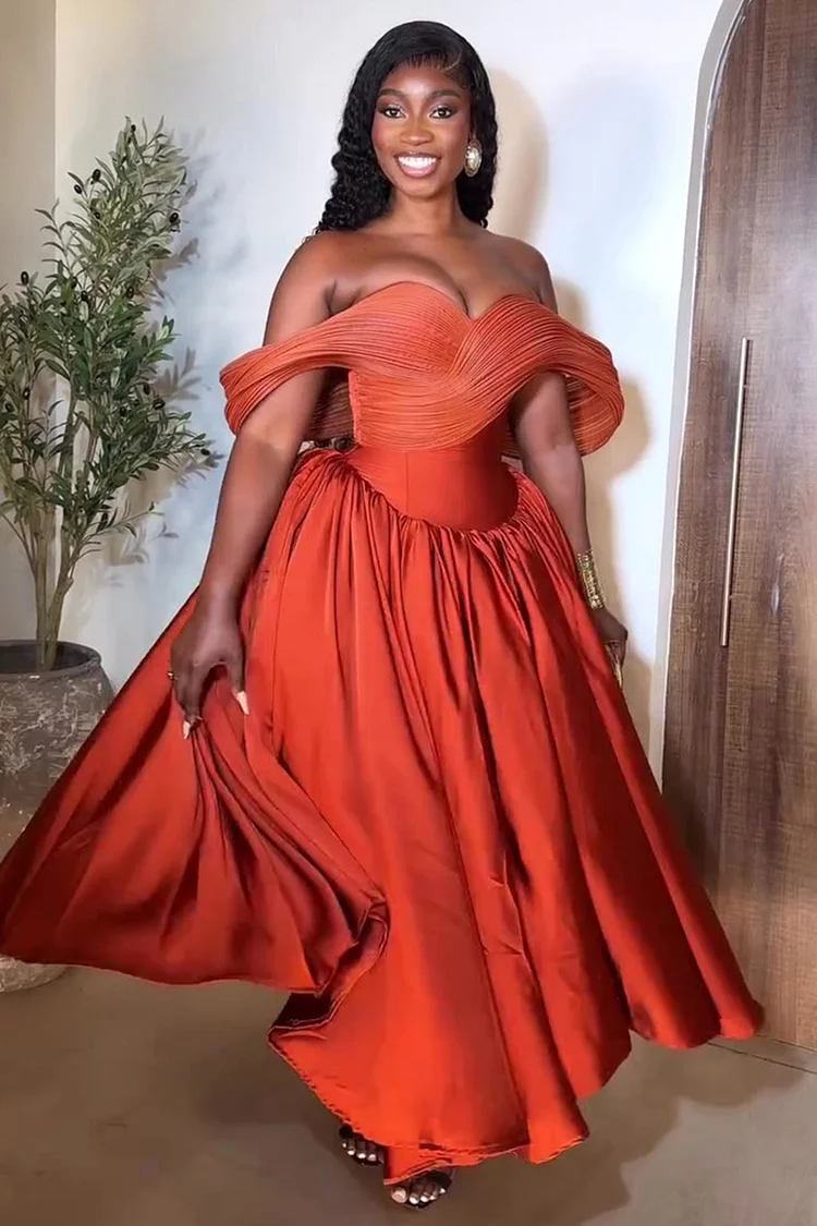 Off Shoulder Wrinkle Corset Satin Party Maxi Dresses-Orange [Pre Order]