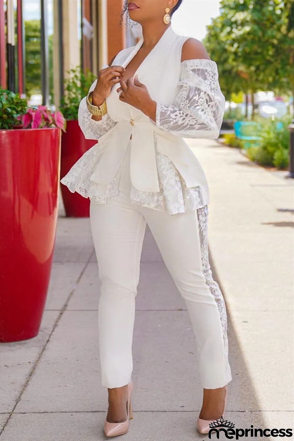 White Fashion Casual Patchwork Hollowed Out Turndown Collar Long Sleeve Two Pieces
