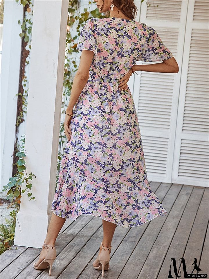 MidiSono - Sexy V-Neck Floral Printed Irregular Hem Dresses