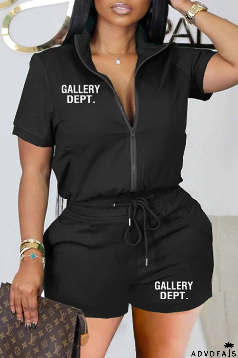 Black Casual Print Letter Zipper Collar Short Sleeve Two Pieces