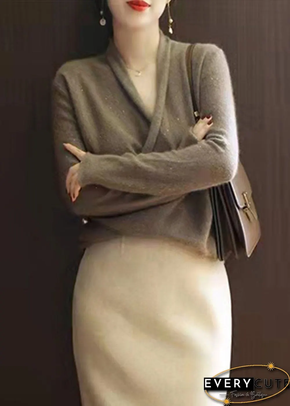 Modern Chocolate V Neck thick Cashmere Knitted Sweater Tops Long Sleeve