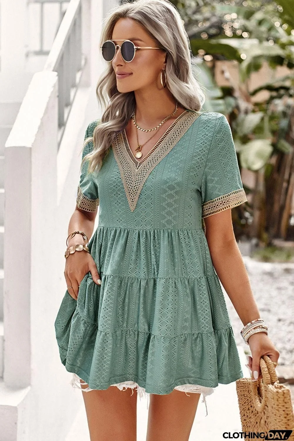 Contrast Short Sleeve Tiered Blouse