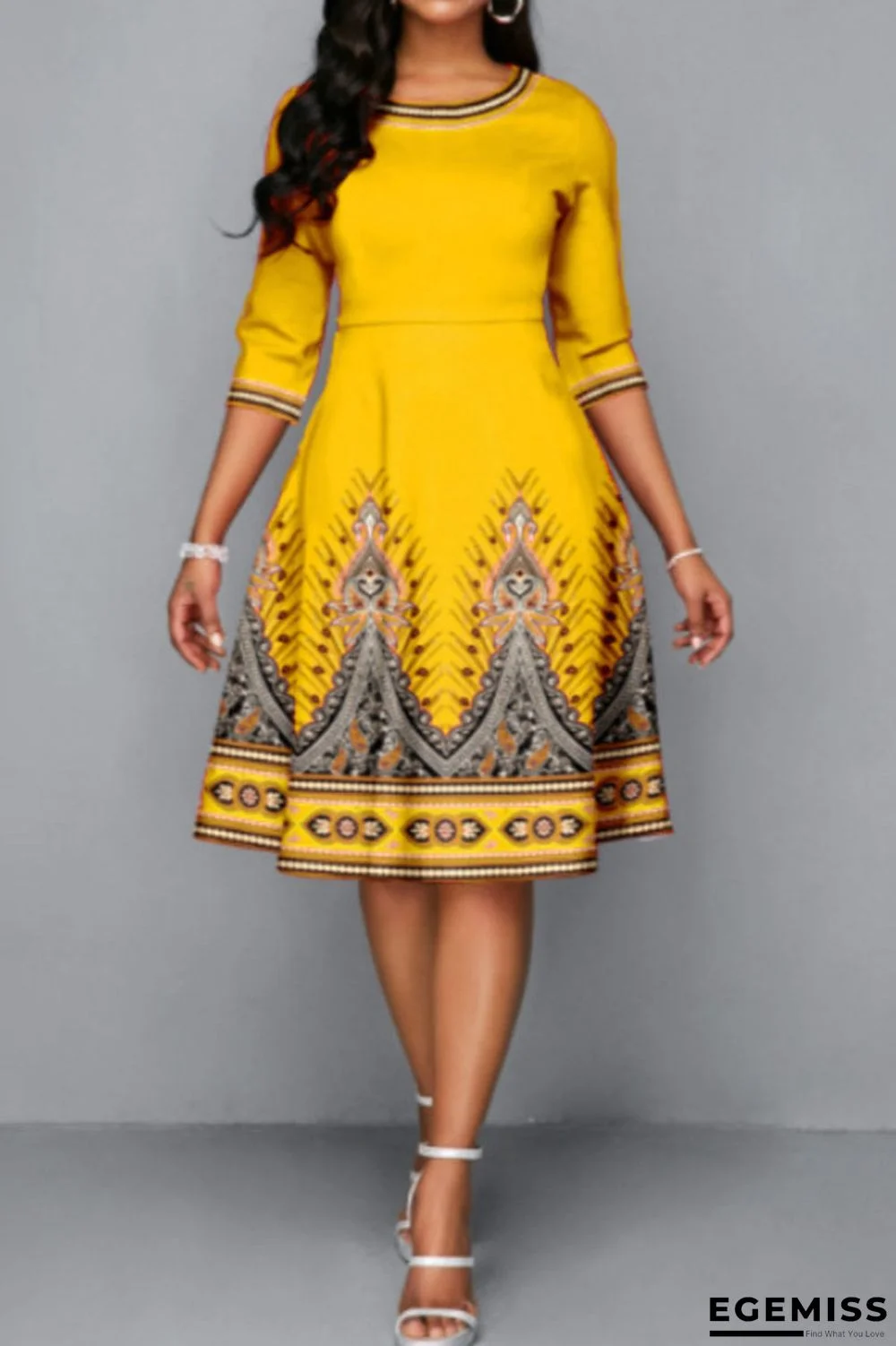Yellow Casual Print Patchwork O Neck A Line Dresses | EGEMISS