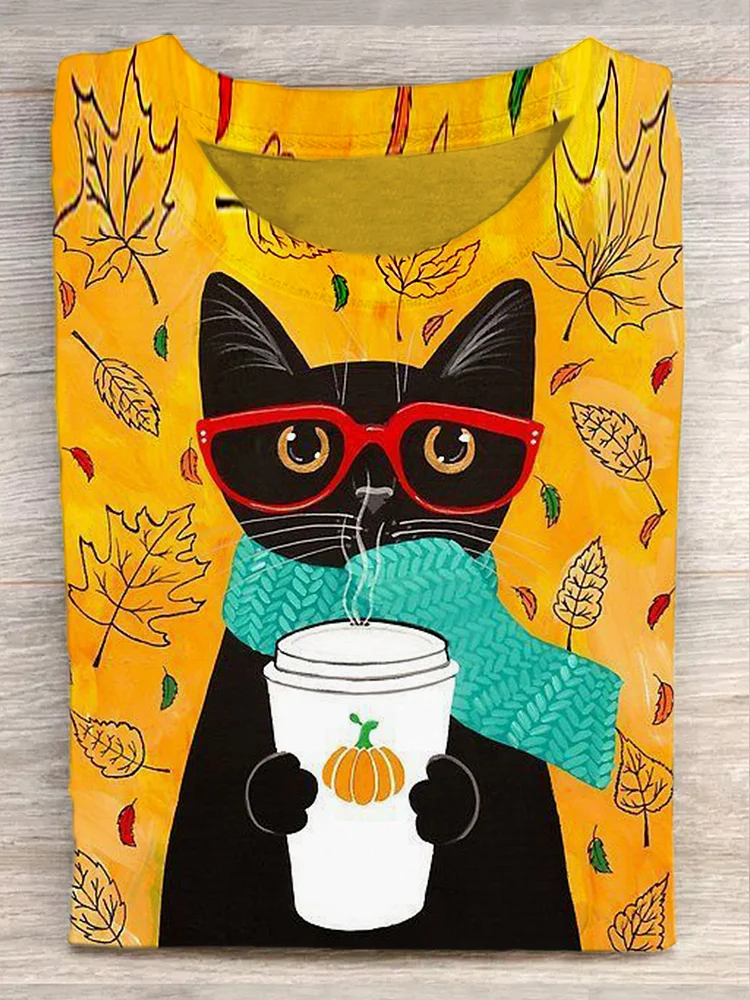 Autumn Cat Pumpkin Print Short Sleeve T-shirt