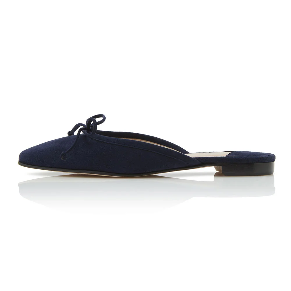 Elegant Navy Almond Toe Slip On Flat Bow Mule Shoes for Women