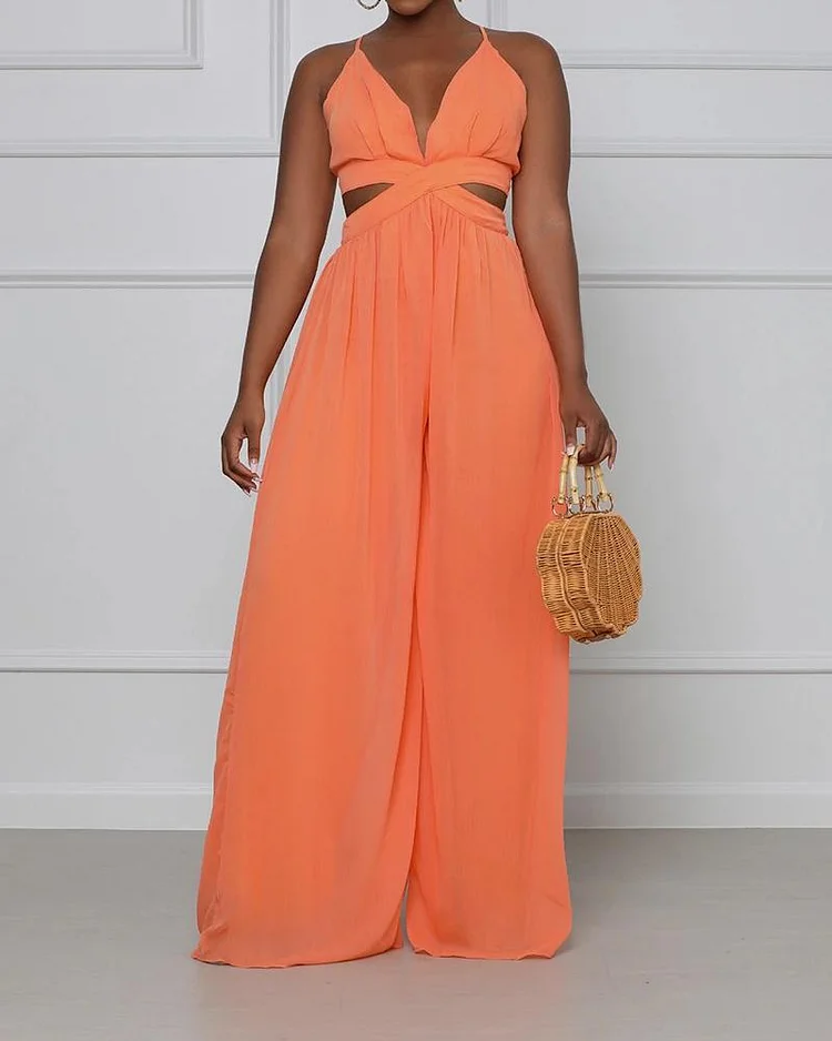 Fashionable Solid Color Sling Wide Loose Jumpsuit