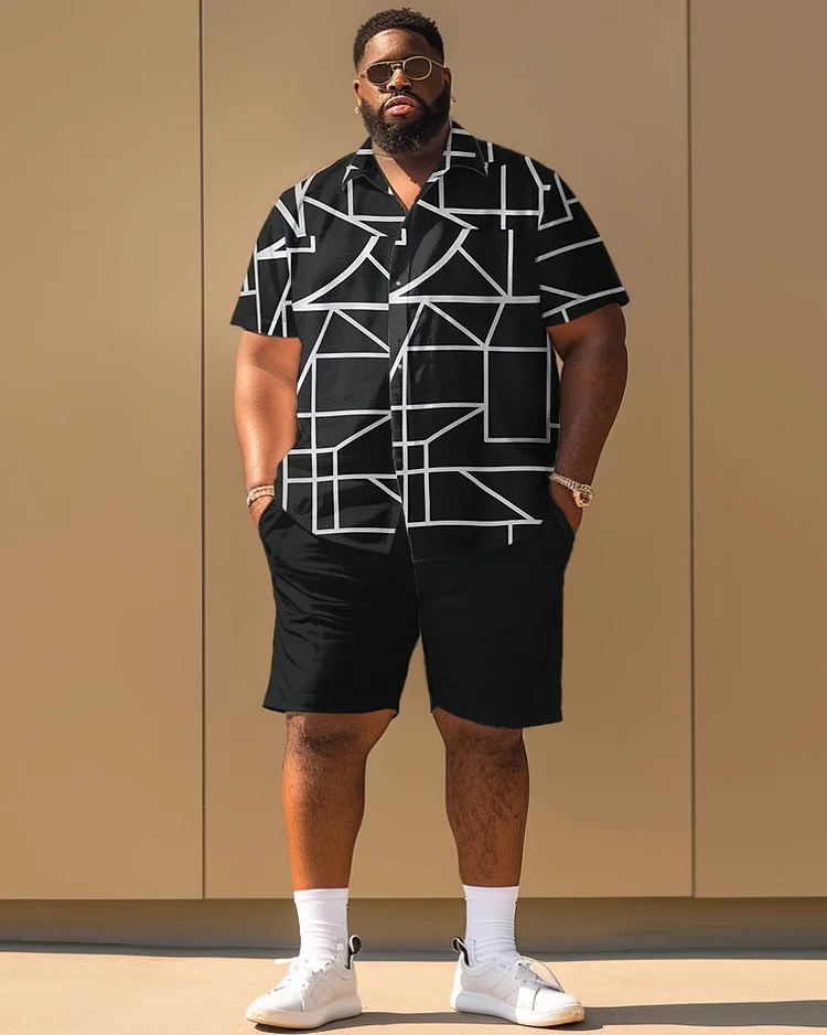 Men's Plus Size Casual Simple Line Print Short Sleeve Shirt Shorts Suit