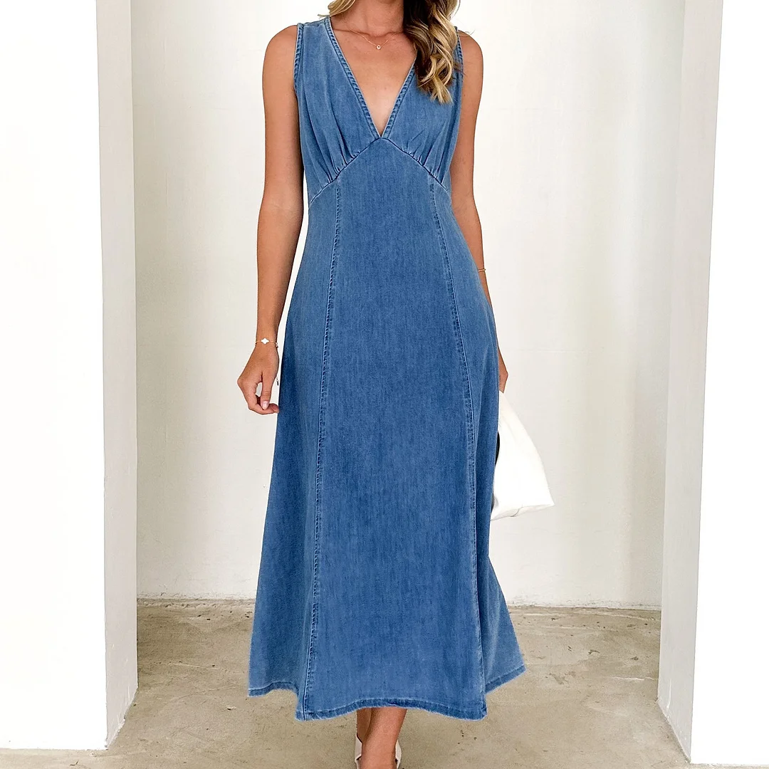Women's Summer Long Denim Dress Sexy Big V-neck Slim-fitting Denim Dress