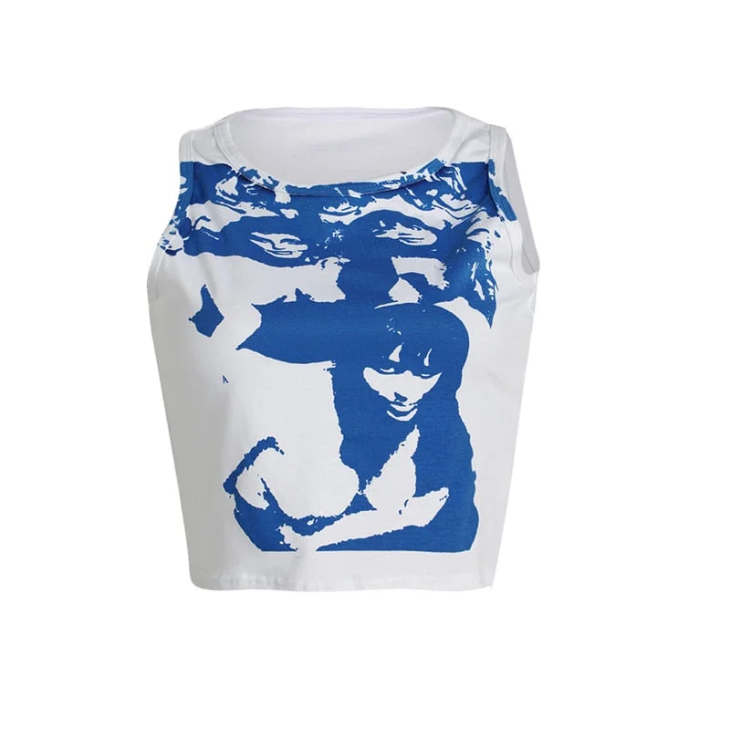 Xingqing Gothic Portrait Print T-shirt Aesthetic Short Sleevle Sweats Tees Harajuku Streetwear White Crop Top Women Clothes