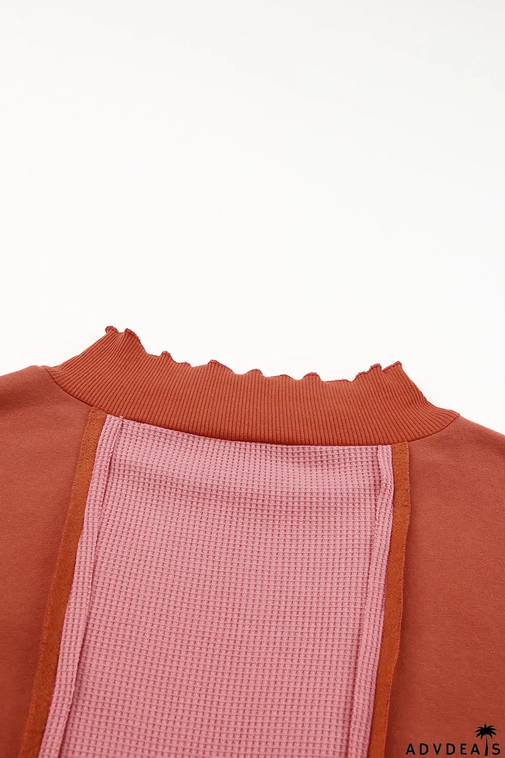 Red Waffle Knit Ripped Exposed Seam Patchwork Top with Thumbhole