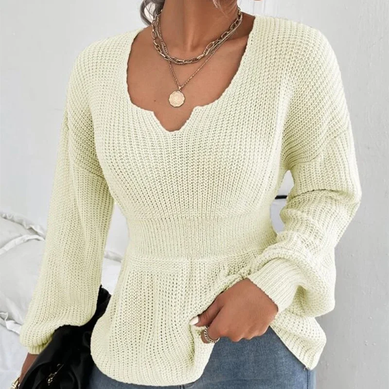 Wongn Wongn Sweater Women's Fashion V-Neck Jumper Solid Color Long Sleeve Flounces Closed Waist Women's Shirt