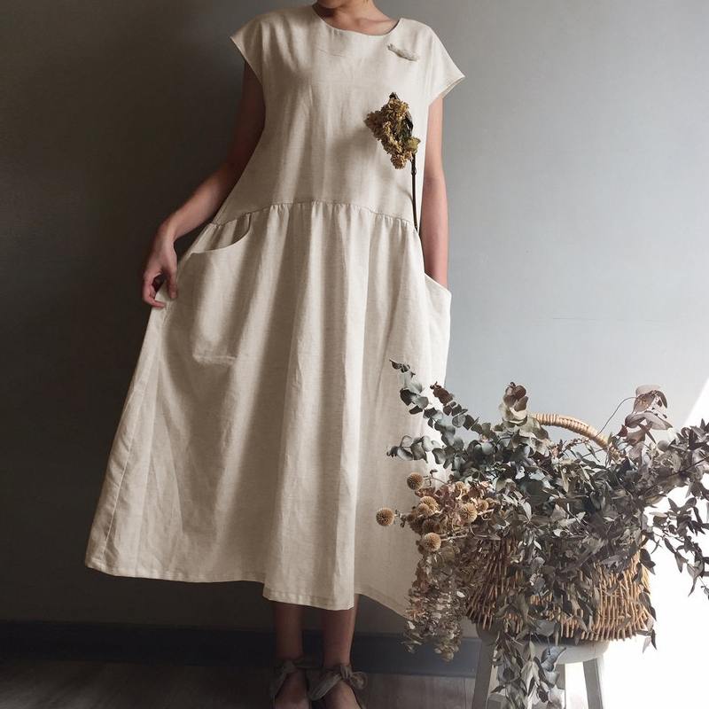 Vintage Linen Pleated Long Shirt Sundress Casual Short Sleeve Loose Dress