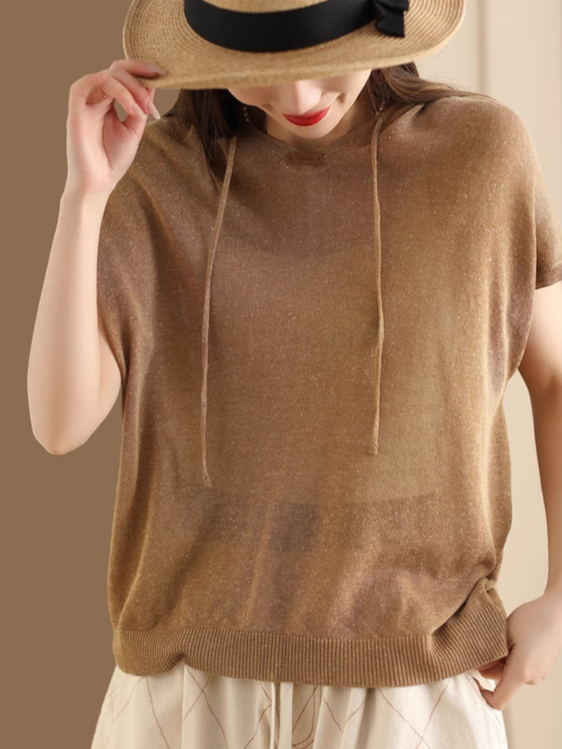 Vintage Linen Knit Short Sleeve Hooded T-Shirt