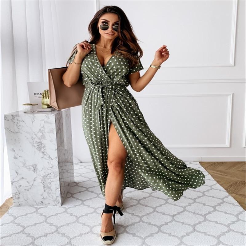 Mature Women V-neck Print Dress Long Skirt