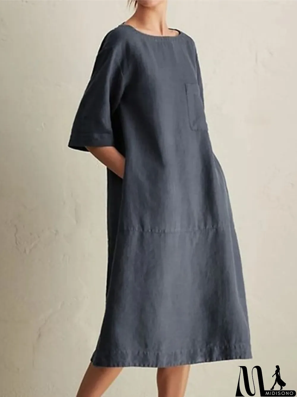 MidiSono - Women's Cotton Linen Dress Casual Dress Shift Dress Maxi long Dress Cotton Blend Casual Daily Holiday Vacation Crew Neck Pocket Contrast Stitching Half Sleeve Summer Spring Loose Fit Black Wine