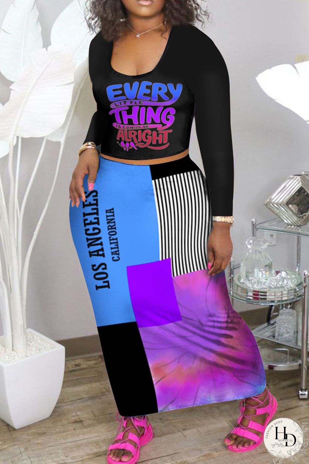 Red Yellow Casual Letter Print Split Joint U Neck Long Sleeve Two Pieces