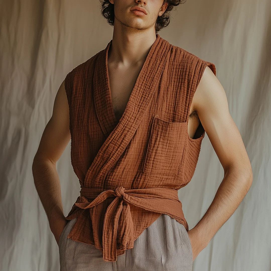 Rustic Brown Wrap Vest With Casual Elegance-inspireuse