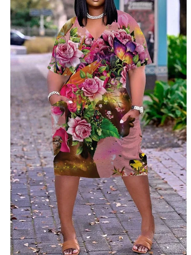 Flowers Print Plus Size V Neck Mid Sleeve Dress