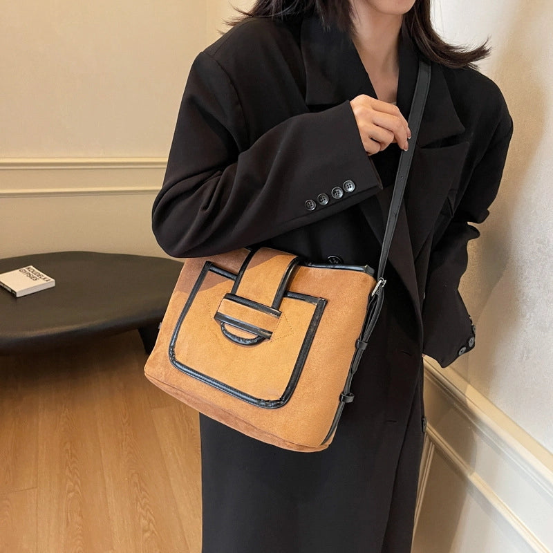 Women’s Medium Pu Leather Color Block Classic Style Bucket Zipper Tote Bag