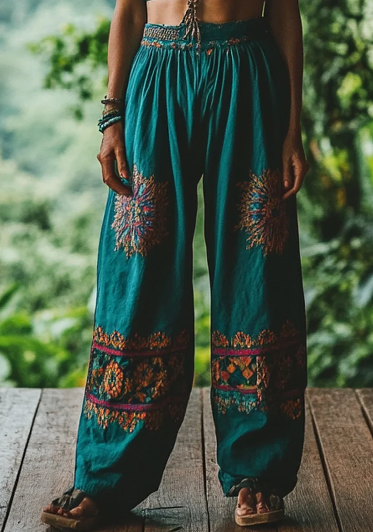 Utbros Summer Holiday Floral Embroidered Linen Trousers