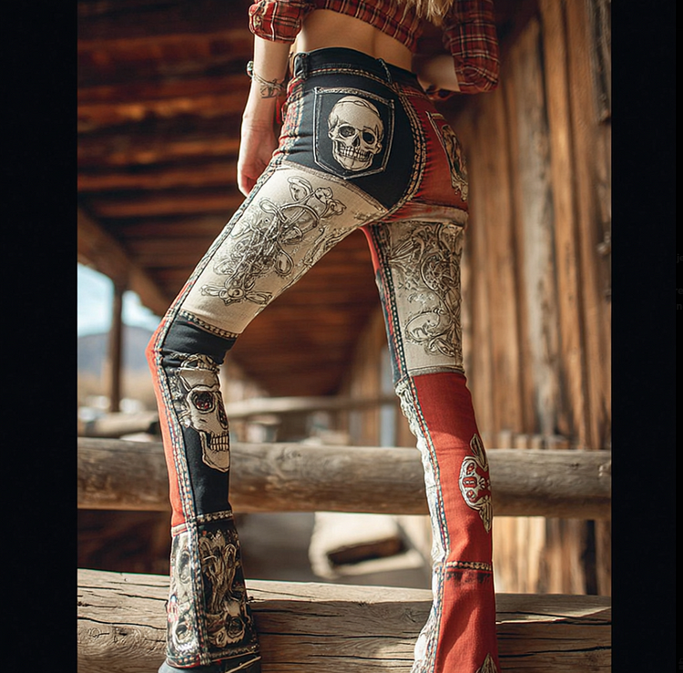 Halloween Theme Skull Bone Pattern Women's Skinny Jeans
