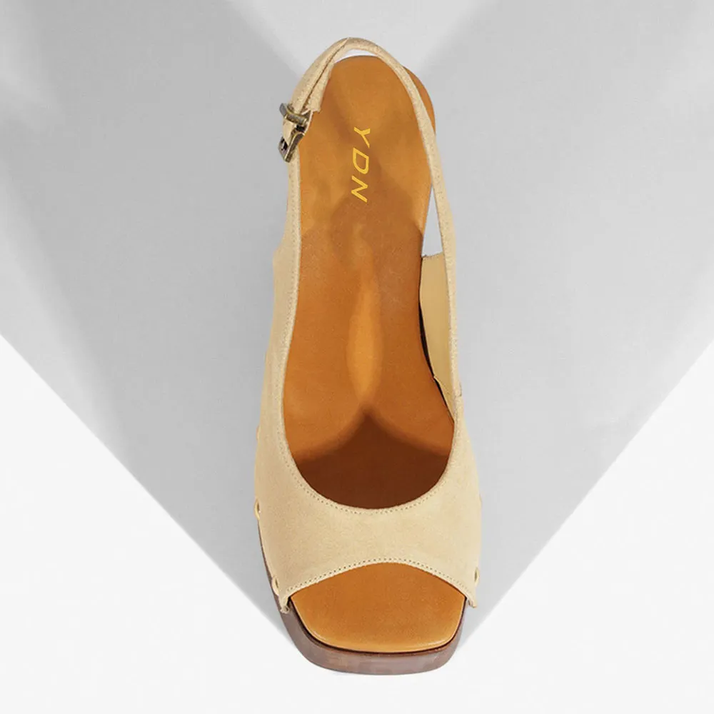 Beige Open-Toe Studded Slingback Platform High Heels Sandals