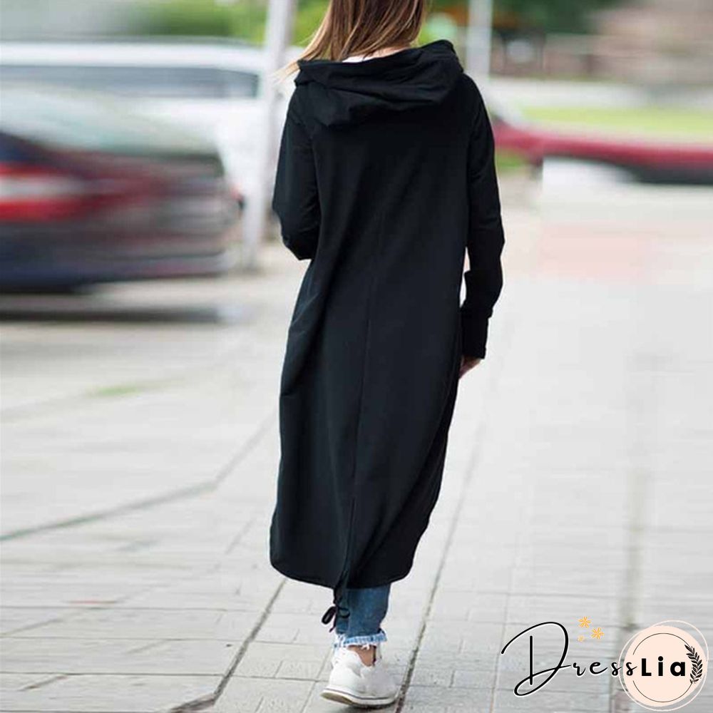 Oversize Women Hooded Long Sleeve Zip-up Asymmetric Hem Long Hoodie Coat Jacket Outwear