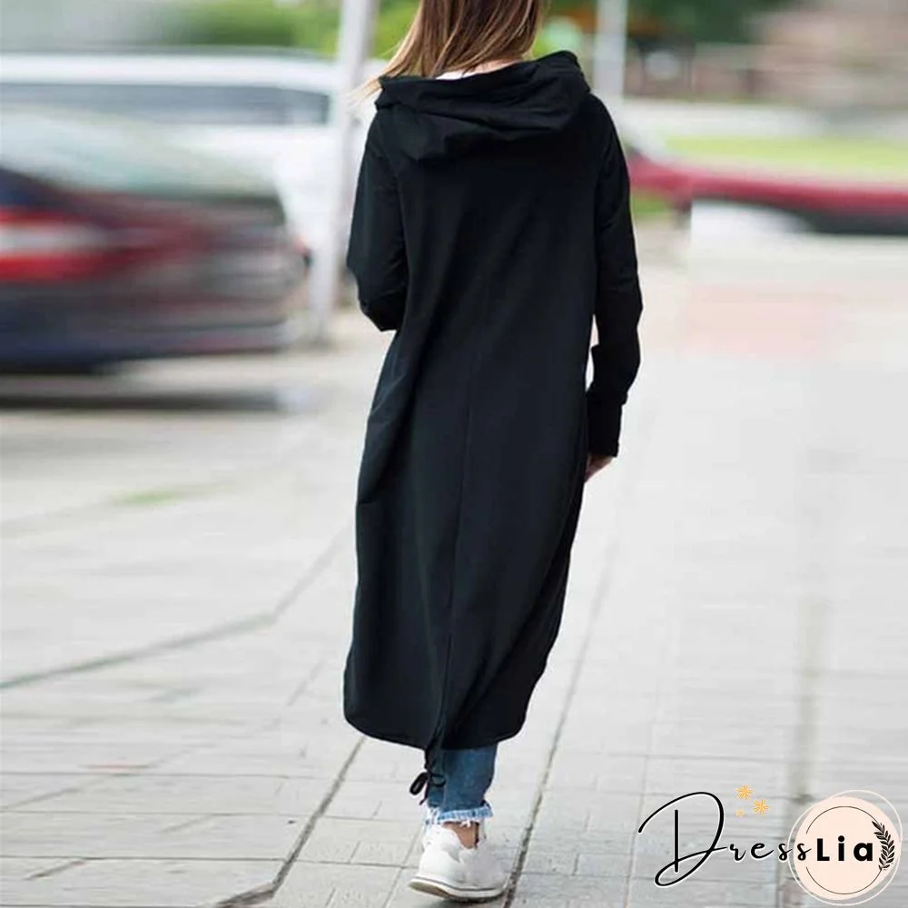 Oversize Women Hooded Long Sleeve Zip-up Asymmetric Hem Long Hoodie Coat Jacket Outwear