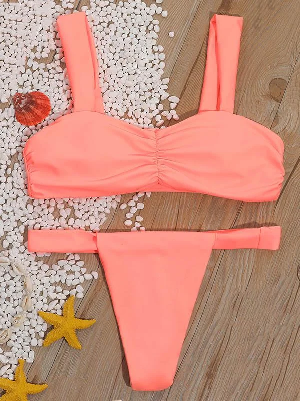 Solid Color Ruffled Strapless Split Bikini Swimsuit