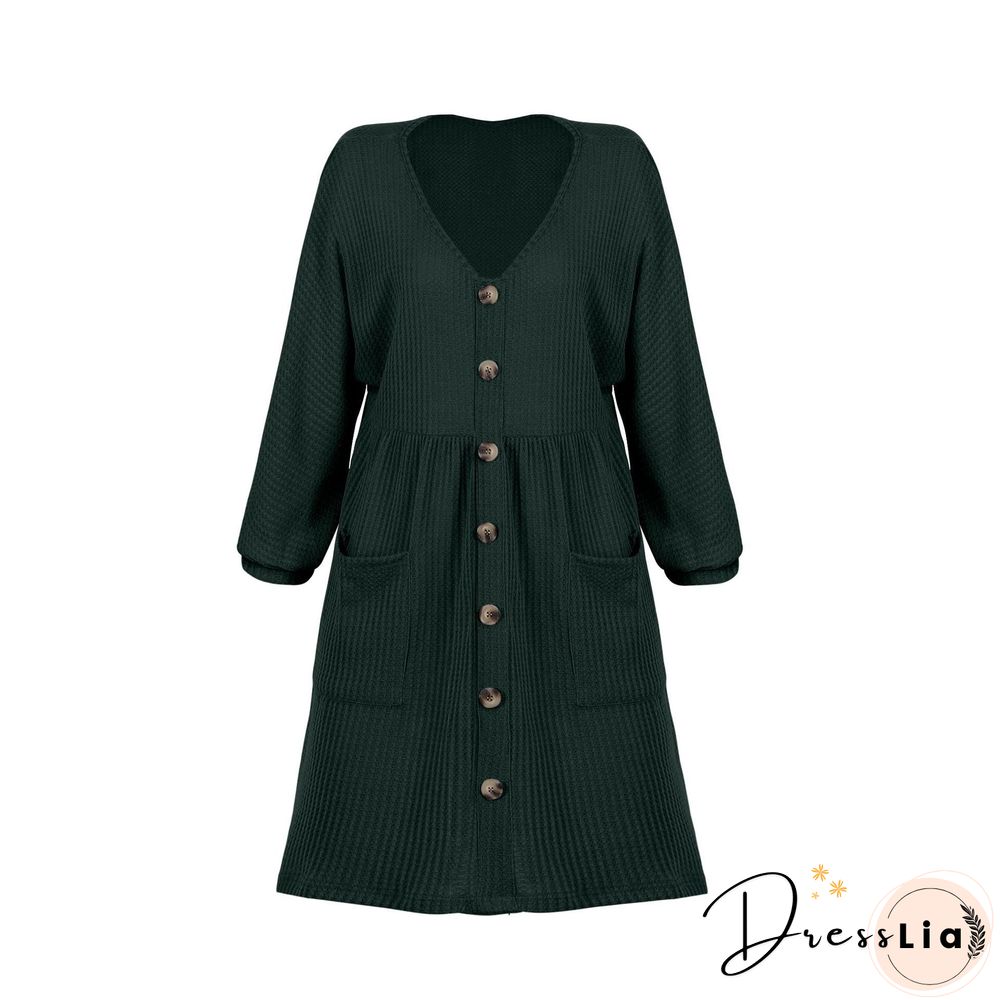 V-Neck Buttoned Loose Knit Hem Mini Dresses