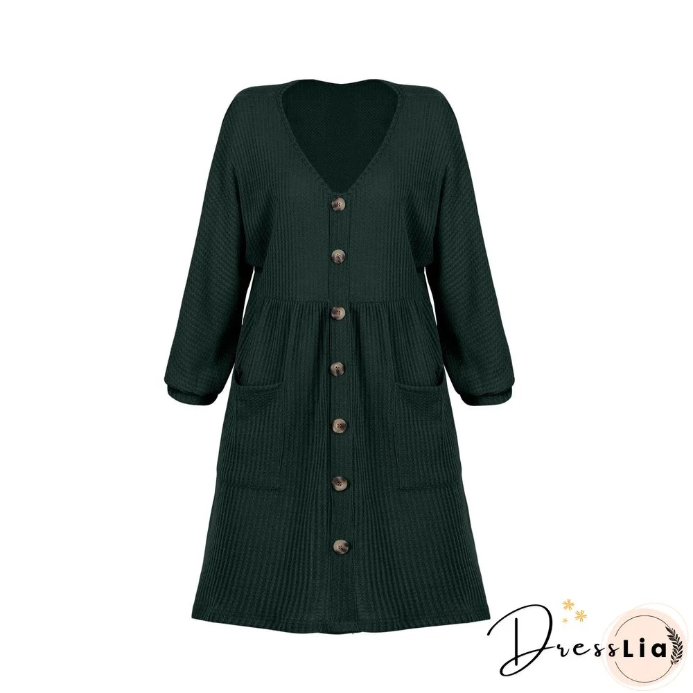 V-Neck Buttoned Loose Knit Hem Mini Dresses