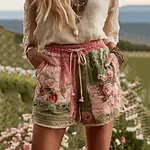 Women's Patchwork Rose Floral Waist Drawstring Pocket Shorts - Image 2
