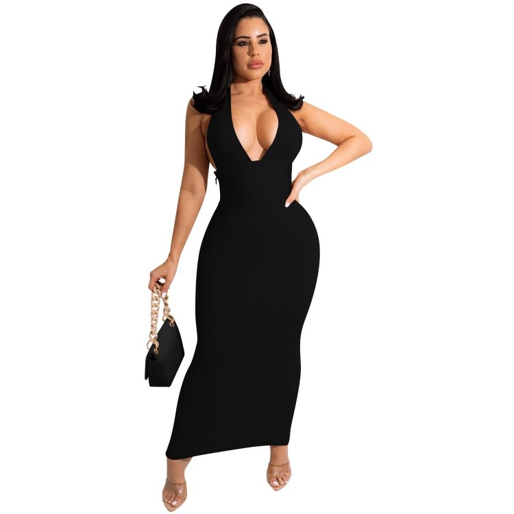 Promsstyle Solid halter neck backless bodycon maxi dress