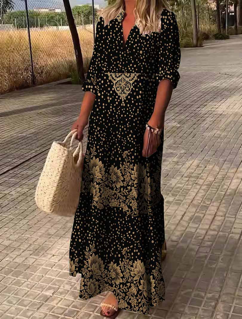 Women Polka Dot, Floral, Gold DZDN0968 SPU Printed Long Sleeve V-neck Maxi Dress